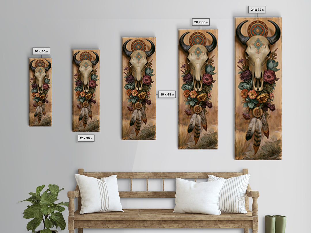 Cow Skull with Desert Flowers and Feathers Framed Canvas Print, Southwestern Art, Printable Art, Southwestern Decor, Mesa, SOU-1x3-15
