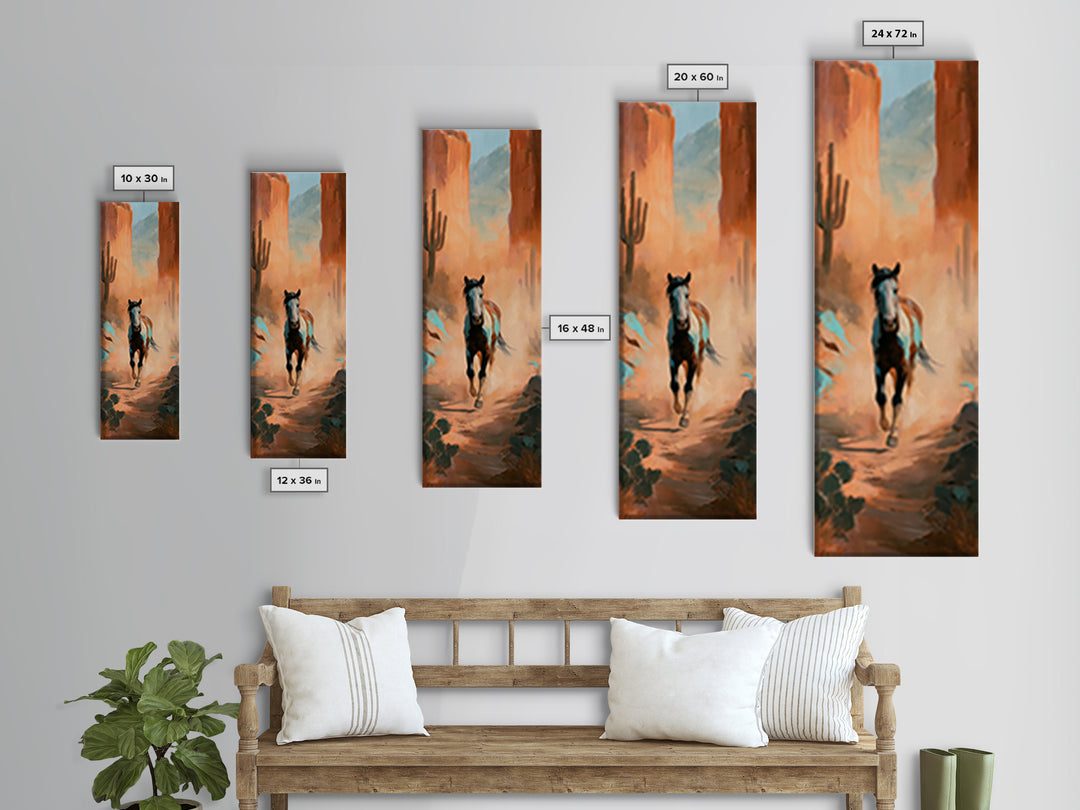 Wild Mustang Running Through Dusty Canyon Canvas Print, Southwestern Art, Neutral Decor, Southwestern Decor, Oil Painting, Mesa, SOU-1x3-18