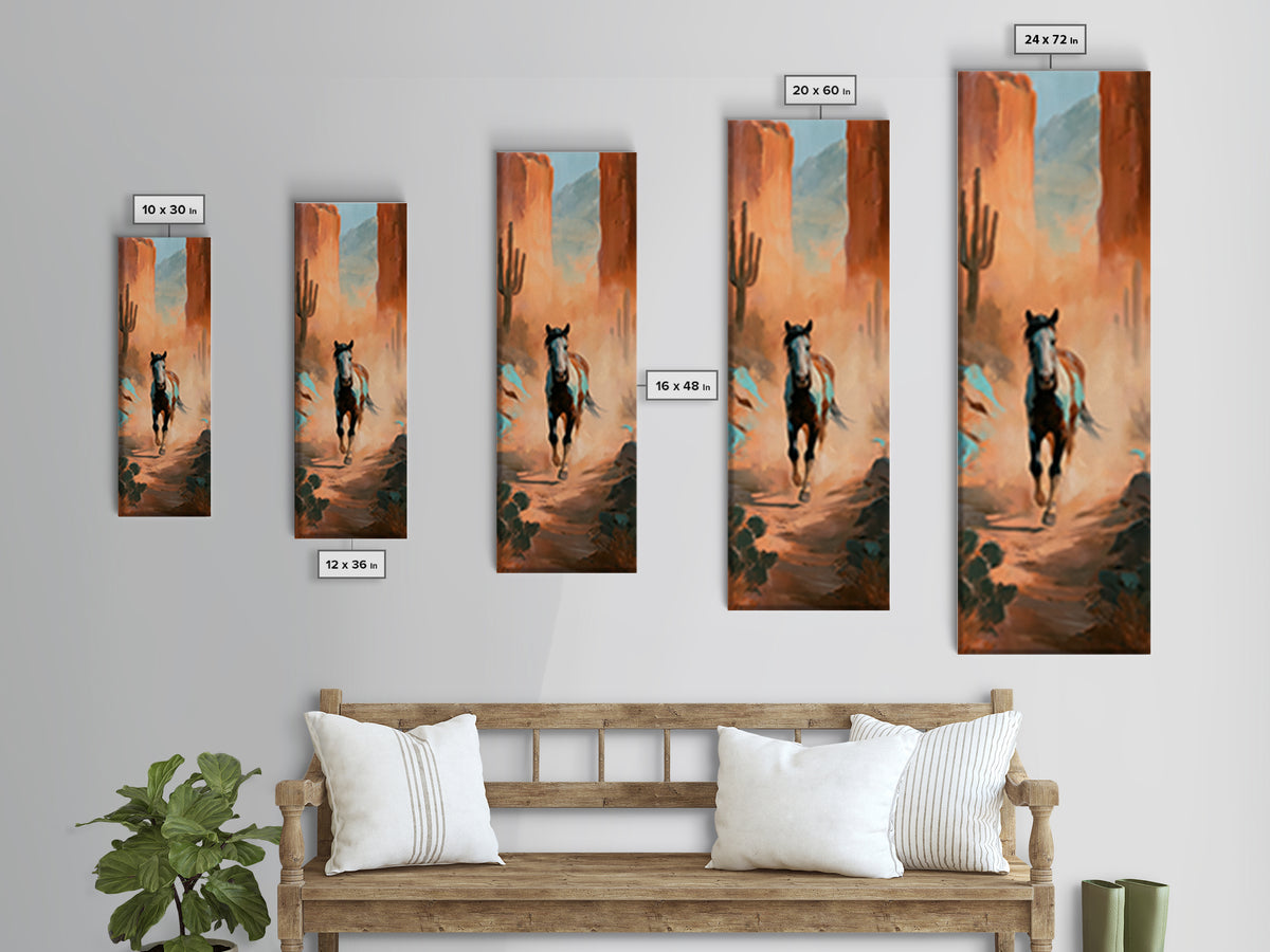 Wild Mustang Running Through Dusty Canyon Canvas Print, Southwestern Art, Neutral Decor, Southwestern Decor, Oil Painting, Mesa, SOU-1x3-18