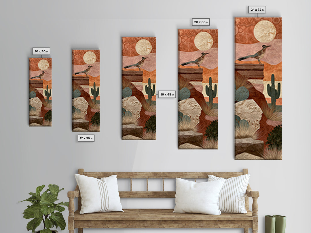 Roadrunner under a Pale Desert Moon Framed Canvas Print, Southwestern Art, Art, Southwestern Decor, Mesa, Boho Wall Decor, SOU-1x3-20