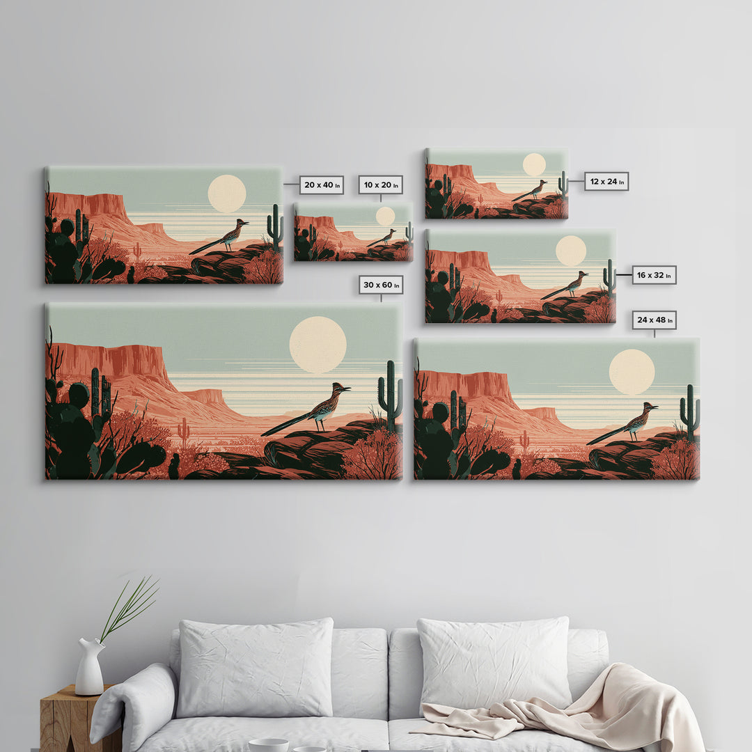 Roadrunner under a Pale Desert Moon Canvas Print, Southwestern Art, Luxury Decor, Southwestern Decor, Oil Painting, Mesa, SOU-2x1-4