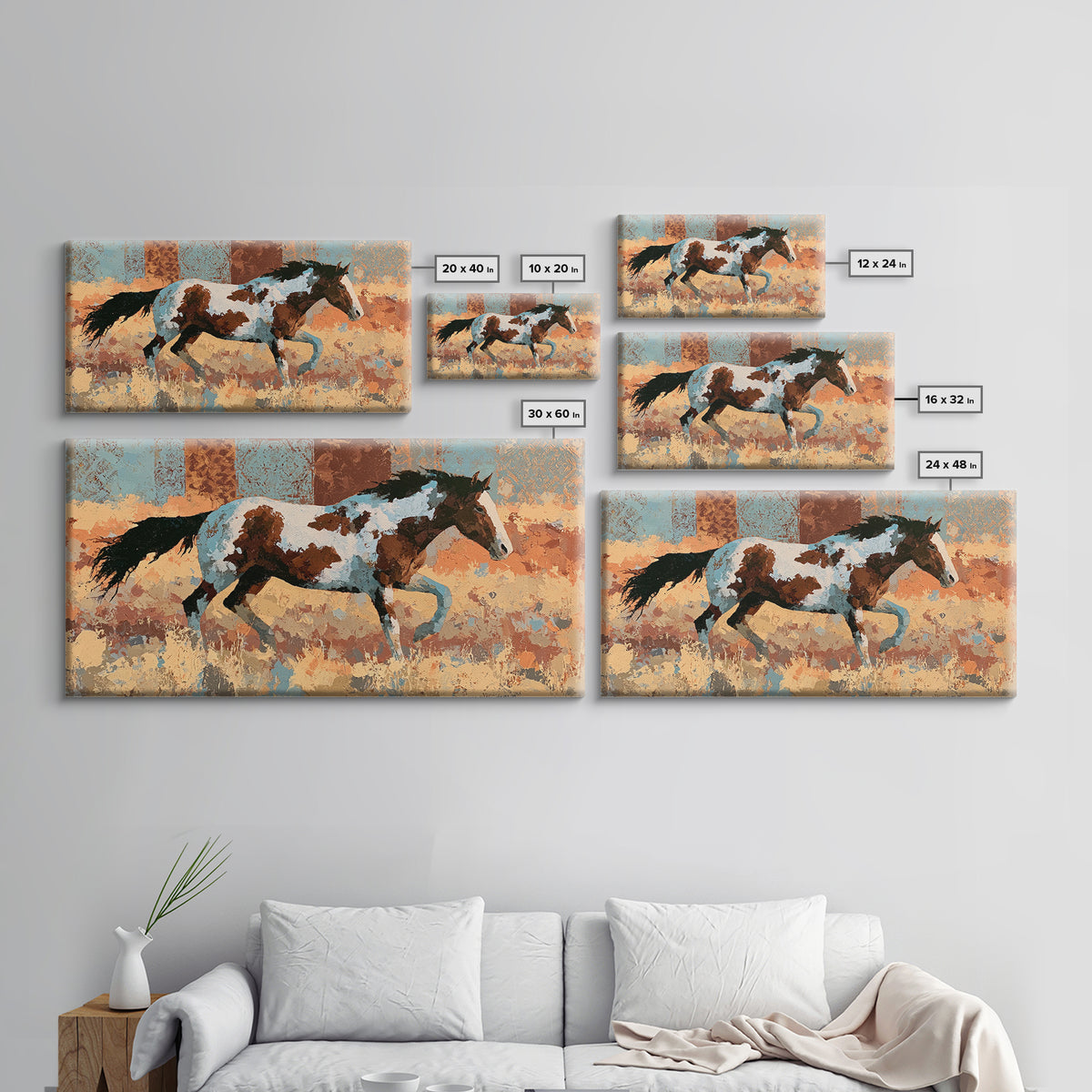 Wild Mustang Running Through Dusty Canyon Framed Canvas Print, Southwestern Art, Southwestern Decor, Oil Painting, Mesa, SOU-2x1-50