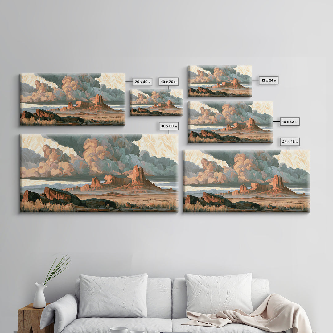 Desert Storm Clouds Framed Canvas Print, Southwestern Art, Tapestry Wall Art, Southwestern Decor, Oil Painting, Mesa, SOU-2x1-80
