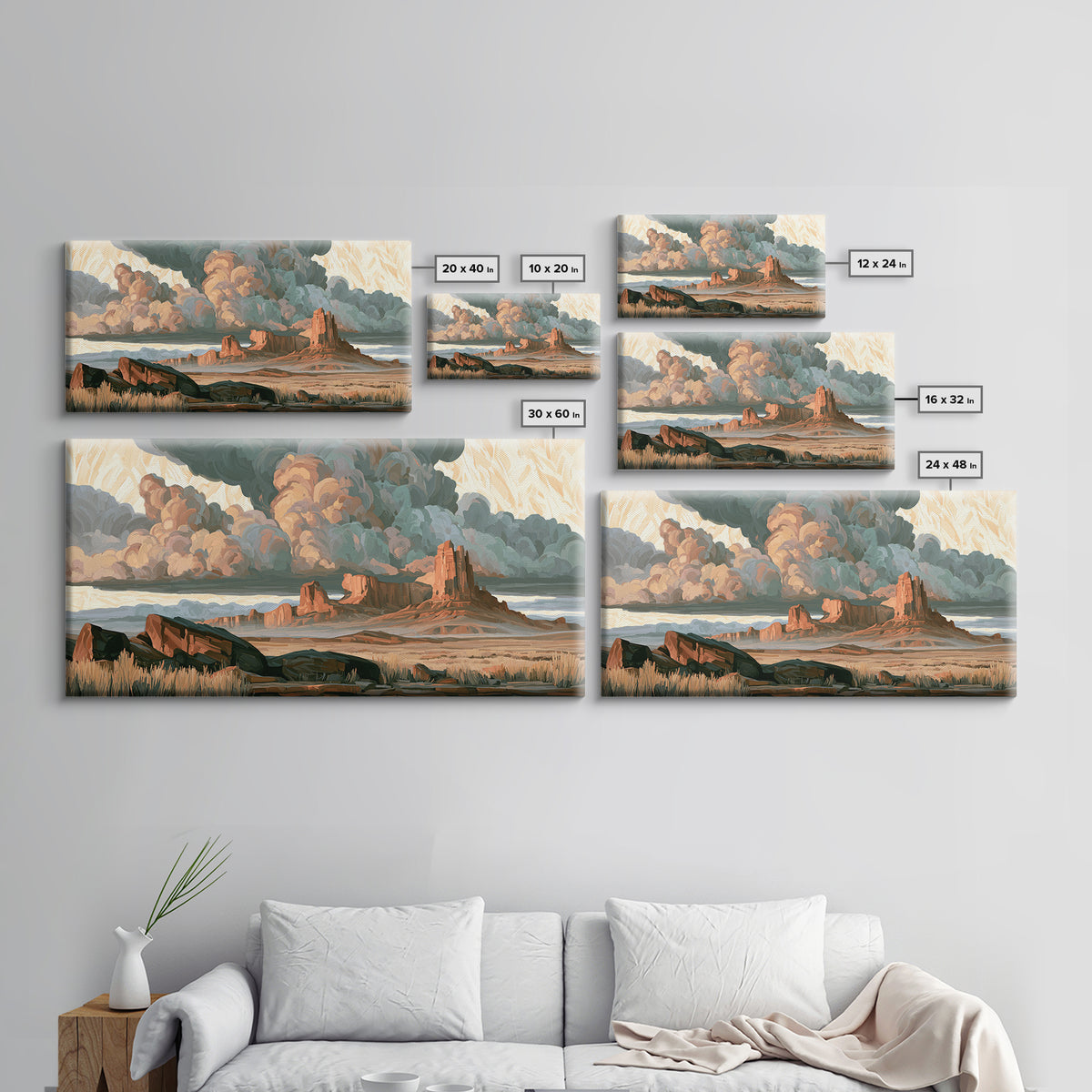 Desert Storm Clouds Framed Canvas Print, Southwestern Art, Tapestry Wall Art, Southwestern Decor, Oil Painting, Mesa, SOU-2x1-80