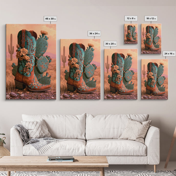 Western Boot with Cactus Blossoms Framed Canvas Print, Southwestern Art, Digital Wall Art, Southwestern Decor, Fine Art, Mesa, SOU-2x3-25