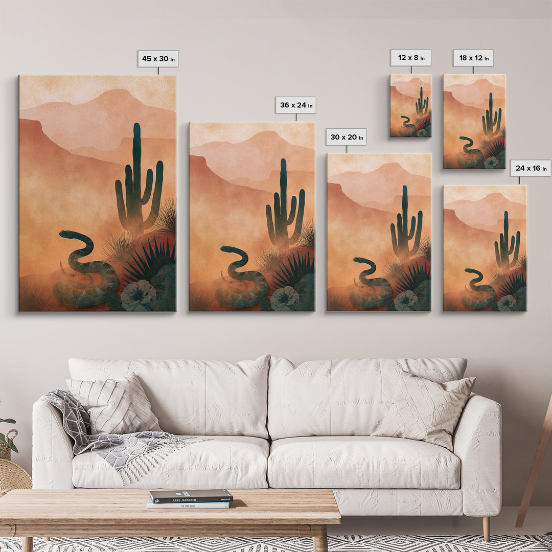 Snake and Desert Flower Composition Framed Canvas Print, Southwestern Art, Minimalist Decor, Southwestern Decor, Oil Painting, SOU-2x3-30
