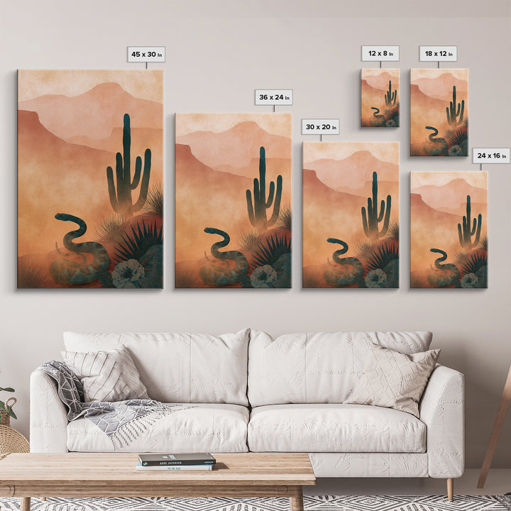 Snake and Desert Flower Composition Framed Canvas Print, Southwestern Art, Minimalist Decor, Southwestern Decor, Oil Painting, SOU-2x3-30