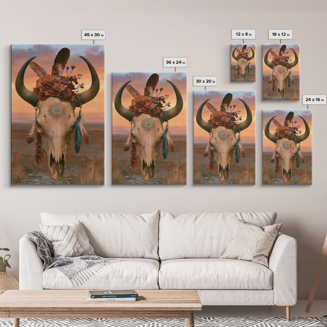 Cow Skull with Desert Flowers and Feathers Canvas Print, Southwestern Art, Southwestern Decor, Watercolor Art, Mesa, SOU-2x3-35