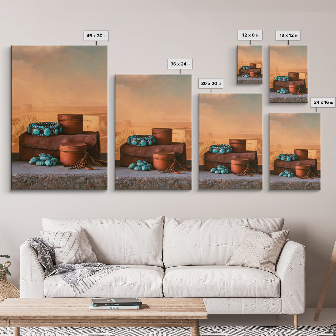 Turquoise Jewelry and Leather Still Life Framed Canvas Print, Southwestern Art, Prints Wall Art, Southwestern Decor, Mesa, SOU-2x3-43