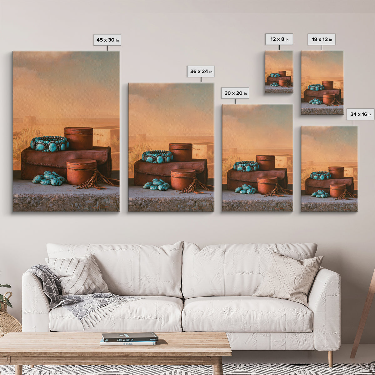 Turquoise Jewelry and Leather Still Life Framed Canvas Print, Southwestern Art, Prints Wall Art, Southwestern Decor, Mesa, SOU-2x3-43