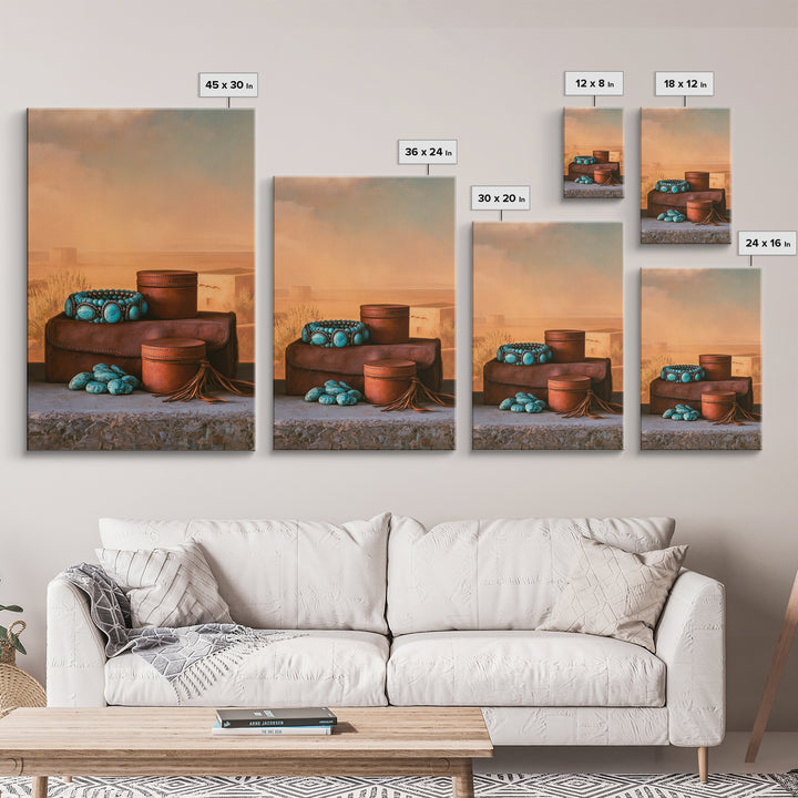 Turquoise Jewelry and Leather Still Life Framed Canvas Print, Southwestern Art, Prints Wall Art, Southwestern Decor, Mesa, SOU-2x3-43