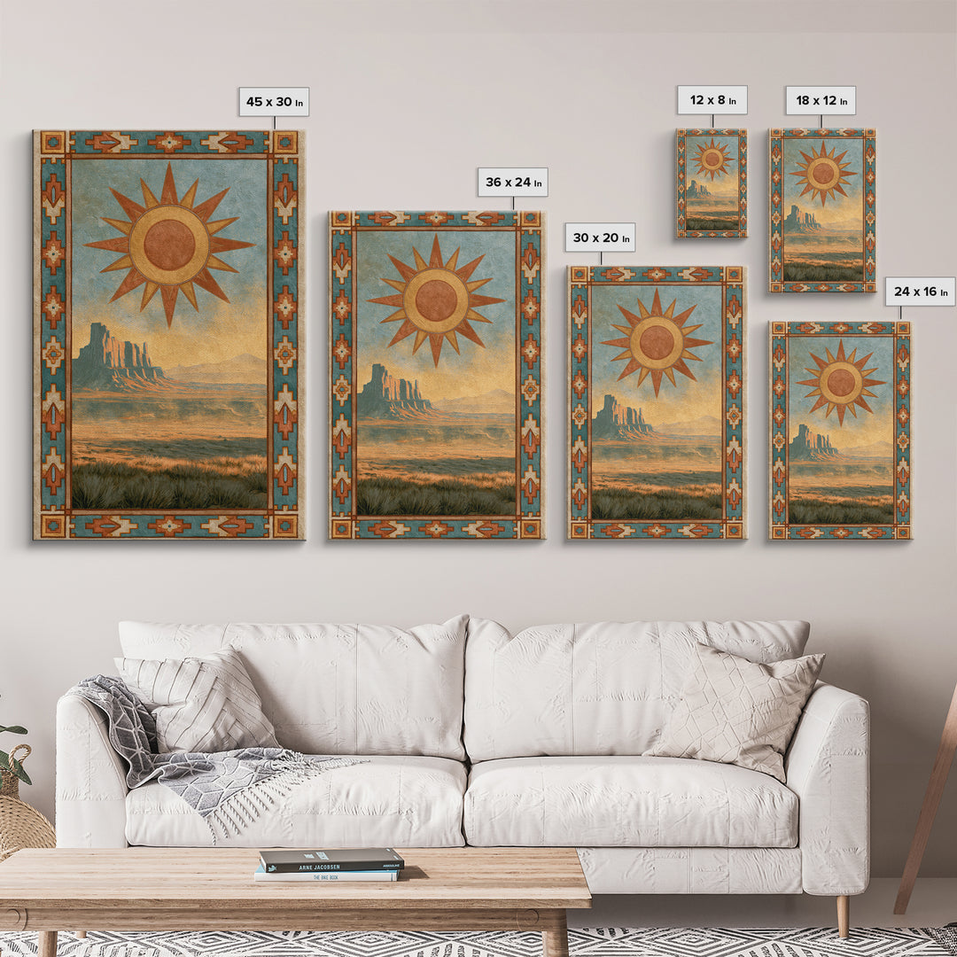 Sun Symbol with Geometric Southwest Border Canvas Print, Southwestern Art, Southwestern Decor, Abstract Art, Mesa, SOU-2x3-5