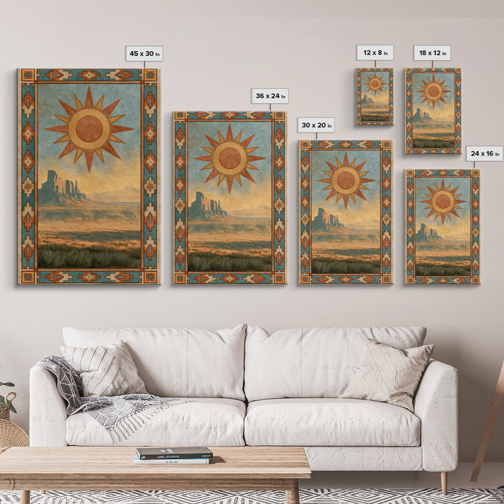 Sun Symbol with Geometric Southwest Border Canvas Print, Southwestern Art, Southwestern Decor, Abstract Art, Mesa, SOU-2x3-5