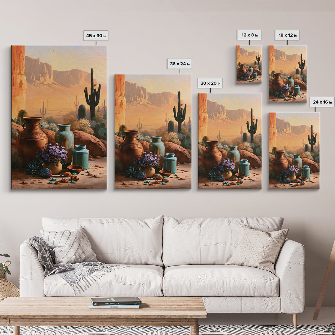 Painted Pottery and Desert Wildflowers Canvas Print, Southwestern Art, Western Wall Art, Southwestern Decor, Watercolor Art, SOU-2x3-96