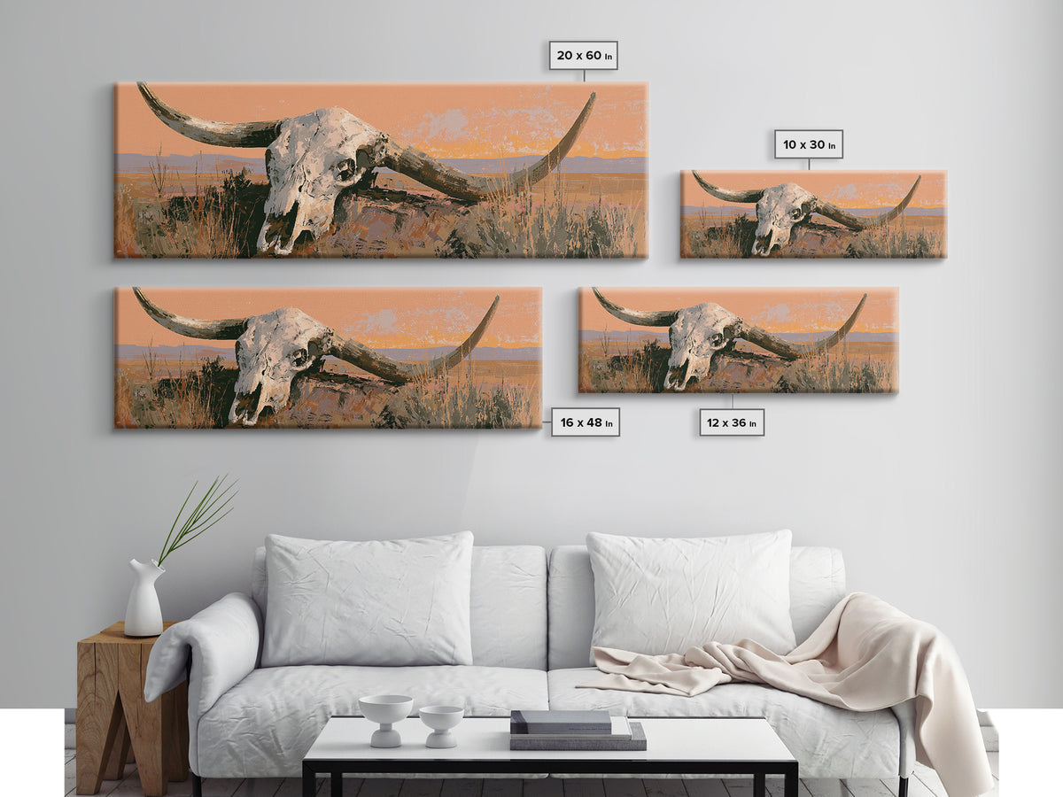 Sun Bleached Longhorn Skull Still Life Framed Canvas Print, Southwestern Art, Landscape Painting, Southwestern Decor, Mesa, SOU-3x1-1
