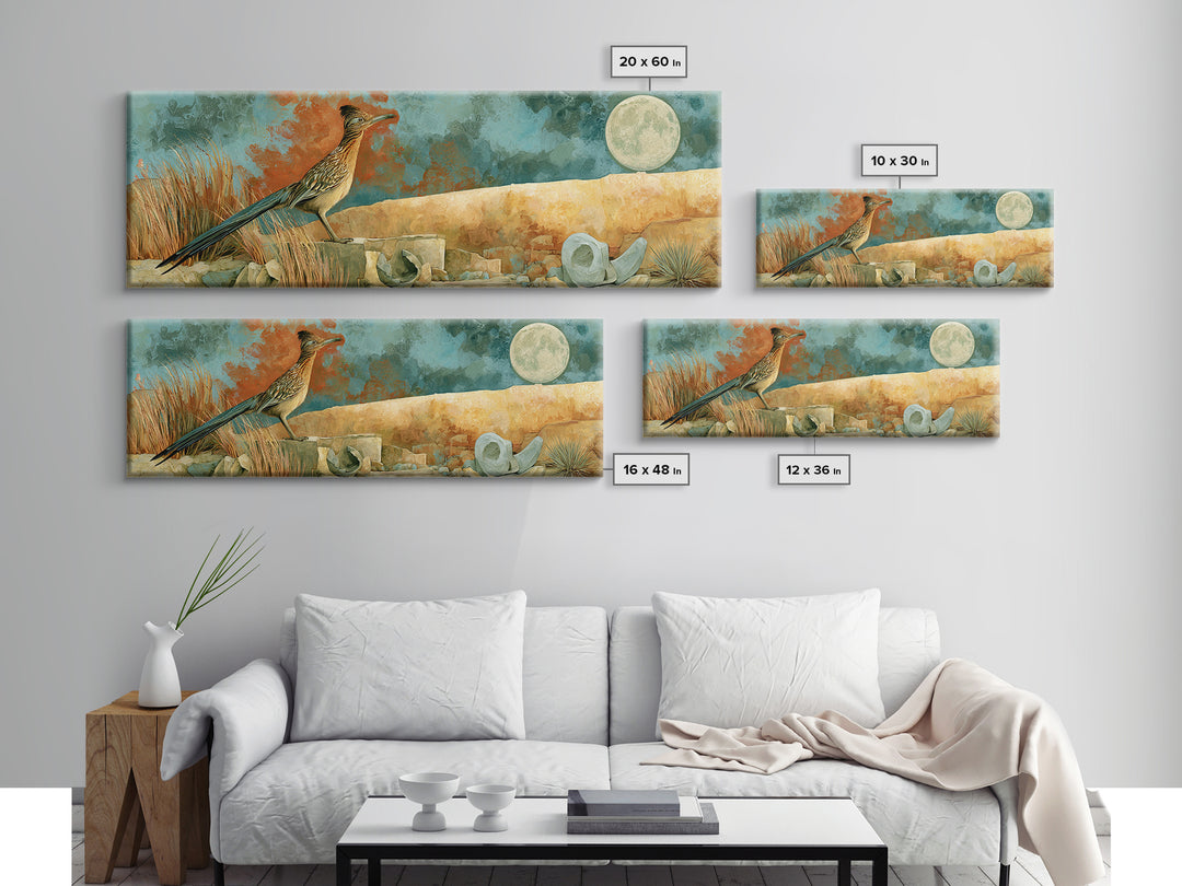Roadrunner under a Pale Desert Moon Canvas Print, Southwestern Art, Antique Oil Painting, Southwestern Decor, Fine Art, Mesa, SOU-3x1-24