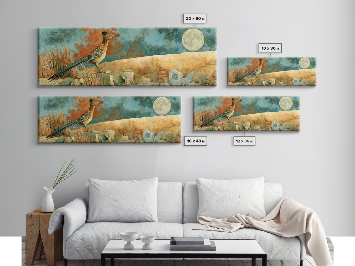 Roadrunner under a Pale Desert Moon Canvas Print, Southwestern Art, Antique Oil Painting, Southwestern Decor, Fine Art, Mesa, SOU-3x1-24