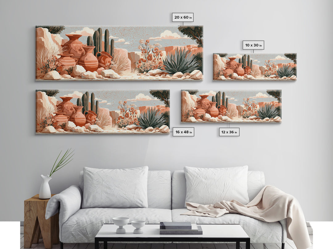 Painted Pottery and Desert Wildflowers Framed Canvas Print, Southwestern Art, Rustic Home Decor, Southwestern Decor, Mesa, SOU-3x1-32