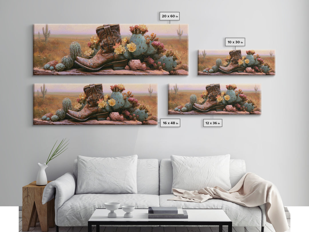 Western Boot with Cactus Blossoms Canvas Print, Southwestern Art, Landscape Art, Southwestern Decor, Mesa, Statement Artwork, SOU-3x1-33