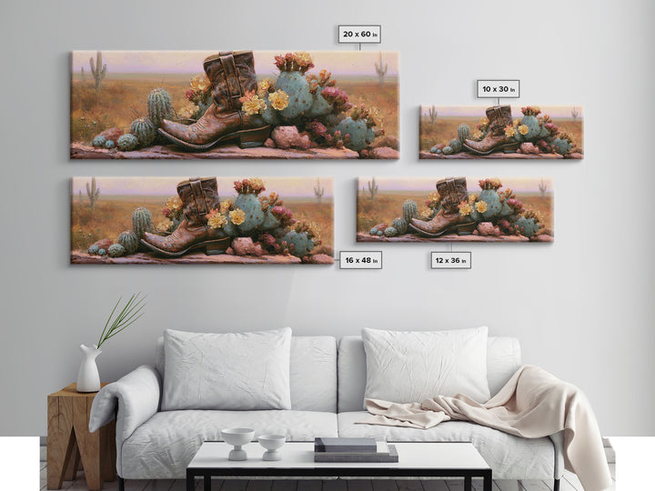Western Boot with Cactus Blossoms Canvas Print, Southwestern Art, Landscape Art, Southwestern Decor, Mesa, Statement Artwork, SOU-3x1-33