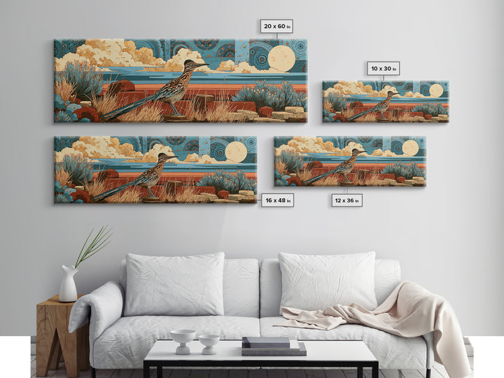 Roadrunner under a Pale Desert Moon Framed Canvas Print, Southwestern Art, Art, Southwestern Decor, Mesa, Boho Wall Decor, SOU-3x1-72