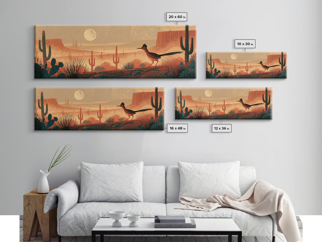 Roadrunner under a Pale Desert Moon Canvas Print, Southwestern Art, Textured Painting, Southwestern Decor, Watercolor Art, Mesa, SOU-3x1-96