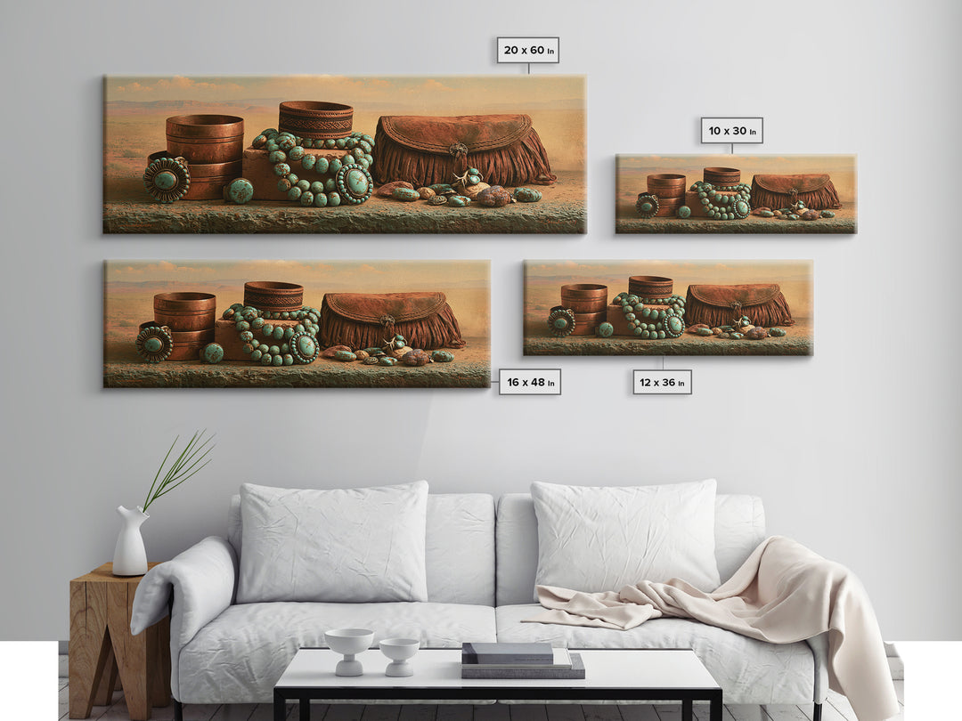 Turquoise Jewelry and Leather Still Life Framed Canvas Print, Southwestern Art, Digital Wall Art, Southwestern Decor, Mesa, SOU-3x1-99