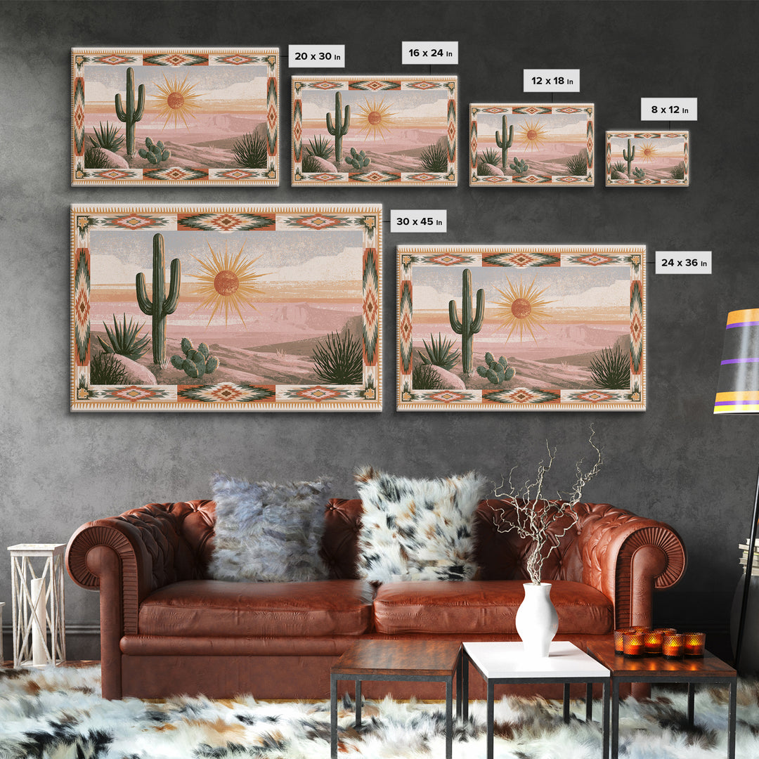 Sun Symbol with Geometric Southwest Border Canvas Print, Southwestern Art, Landscape Painting, Southwestern Decor, Abstract Art, SOU-3x2-1
