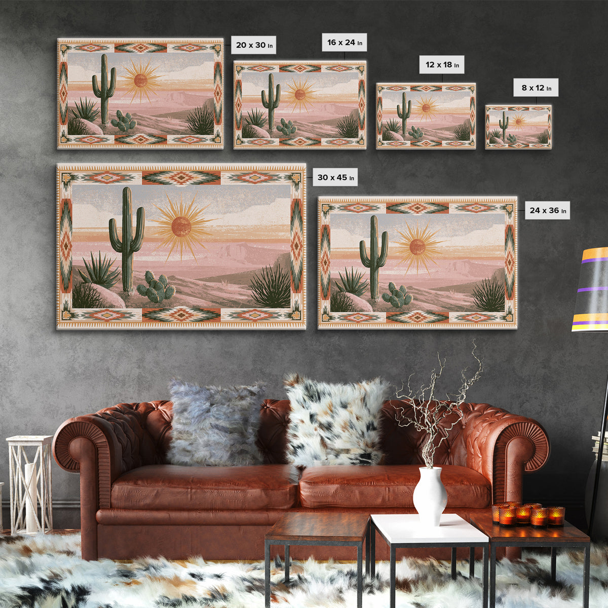 Sun Symbol with Geometric Southwest Border Canvas Print, Southwestern Art, Landscape Painting, Southwestern Decor, Abstract Art, SOU-3x2-1