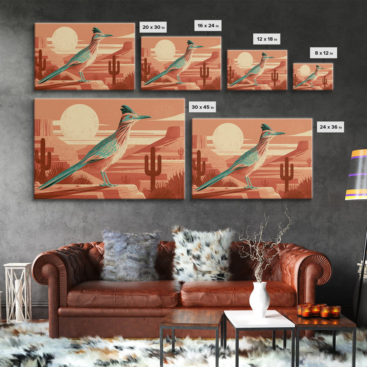 Roadrunner under a Pale Desert Moon Framed Canvas Print, Southwestern Art, Antique Oil Painting, Southwestern Decor, Mesa, SOU-3x2-36