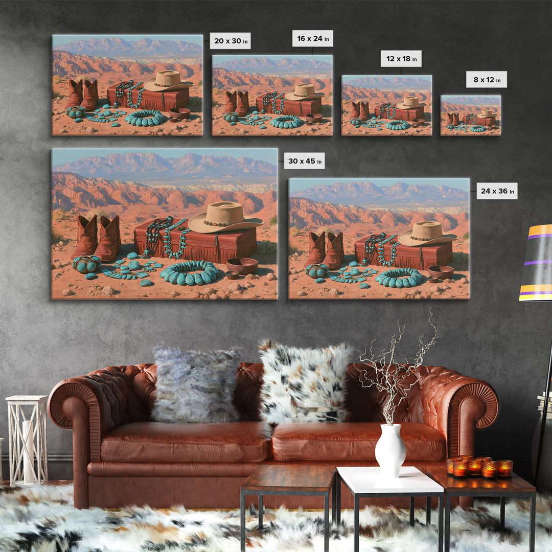 Turquoise Jewelry and Leather Still Life Framed Canvas Print, Southwestern Art, Landscape Art, Southwestern Decor, Mesa, SOU-3x2-63