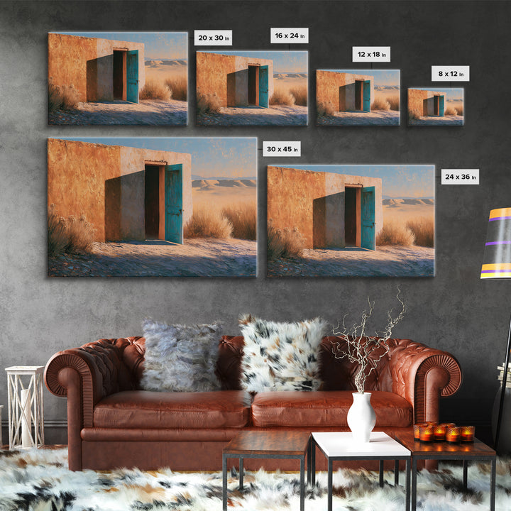 Adobe Doorway with Turquoise Blue Shadow Framed Canvas Print, Southwestern Art, Fine Art Print, Southwestern Decor, Mesa, SOU-3x2-81