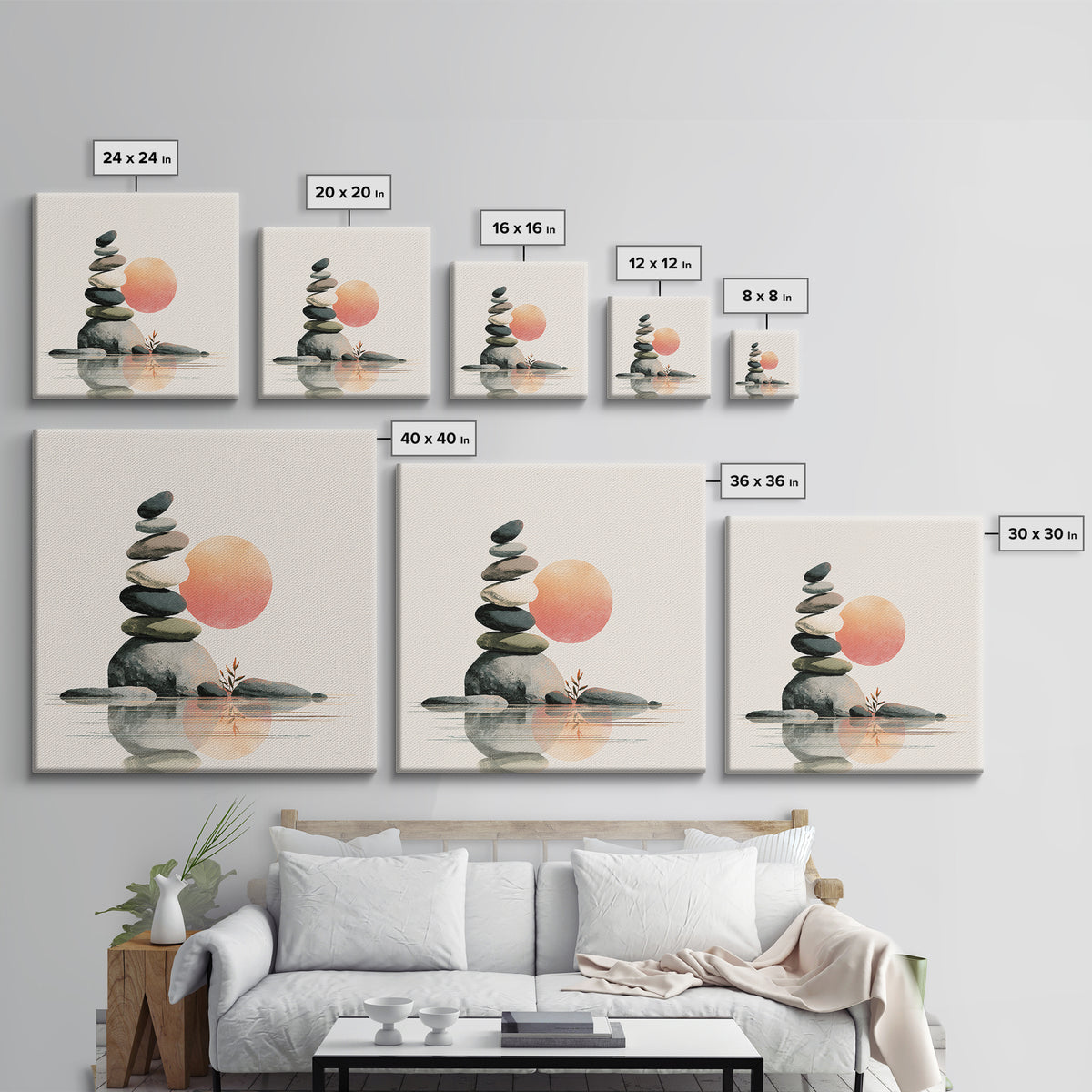 Stacked Stones Beside Calm Water Framed Canvas Print, Spa Art, Modern Decor, Spa Decor, Fine Art, Serenity, Wall Decor, SPA-1x1-1