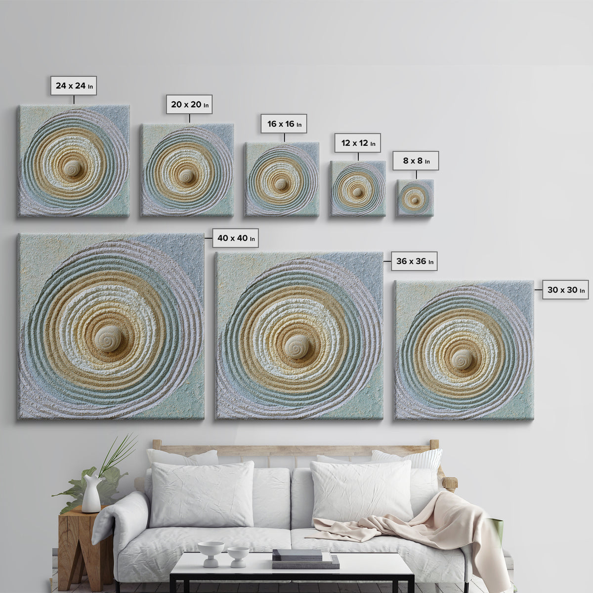 Sand Garden Lines Framed Canvas Print, Spa Art, Spa Decor, Oil Painting, Serenity, Minimalist Art, Feminine Wall Art, SPA-1x1-12