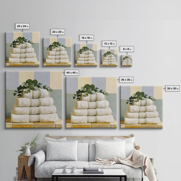 White Towels and Eucalyptus Without Room Context Framed Canvas Print, Spa Art, City Art, Spa Decor, Watercolor Art, Serenity, SPA-1x1-24