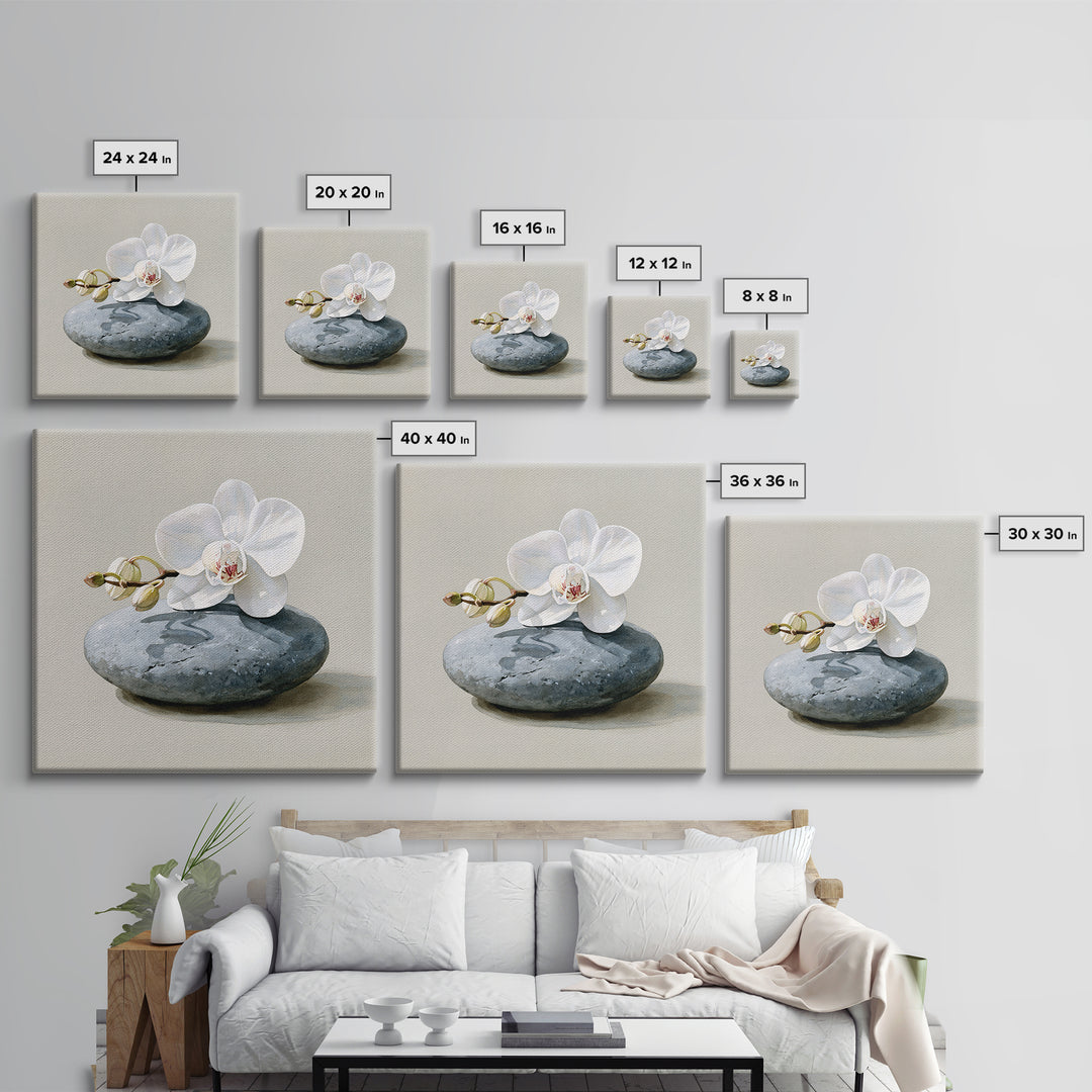 White Orchid on Smooth Gray Stone Canvas Print, Spa Art, Tarot Card Art, Spa Decor, Fine Art, Serenity, Textured Painting, SPA-1x1-26