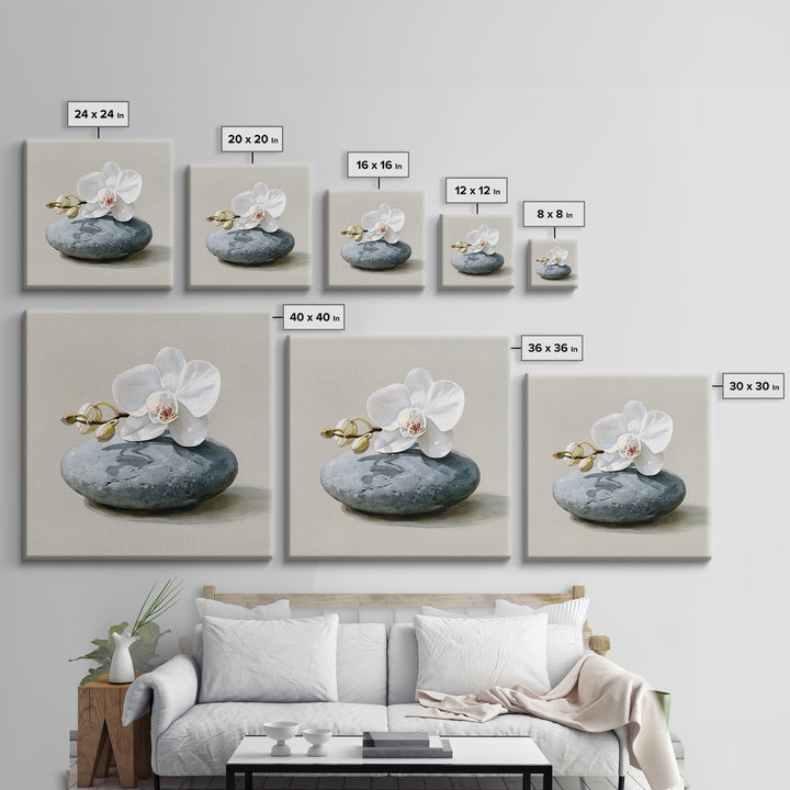 White Orchid on Smooth Gray Stone Canvas Print, Spa Art, Tarot Card Art, Spa Decor, Fine Art, Serenity, Textured Painting, SPA-1x1-26
