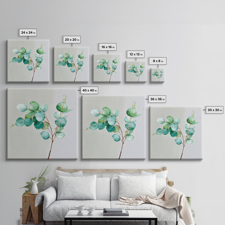 Eucalyptus Branch in Soft Green Watercolor Framed Canvas Print, Spa Art, Fine Art Photography, Spa Decor, Oil Painting, SPA-1x1-27