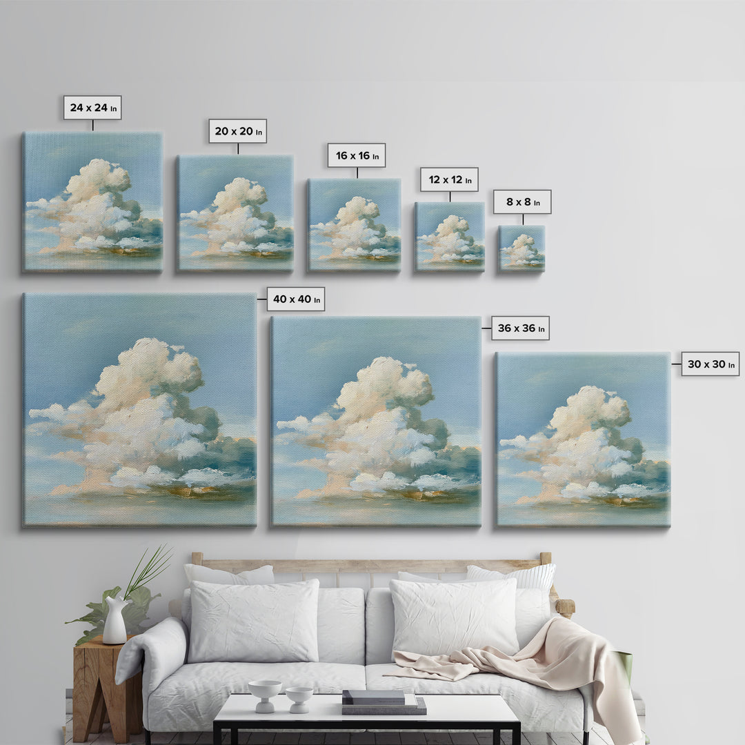 Soft Cloudscape in Cream and Sage Framed Canvas Print, Spa Art, Boho Decor, Spa Decor, Oil Painting, Serenity, Printable Art, SPA-1x1-37