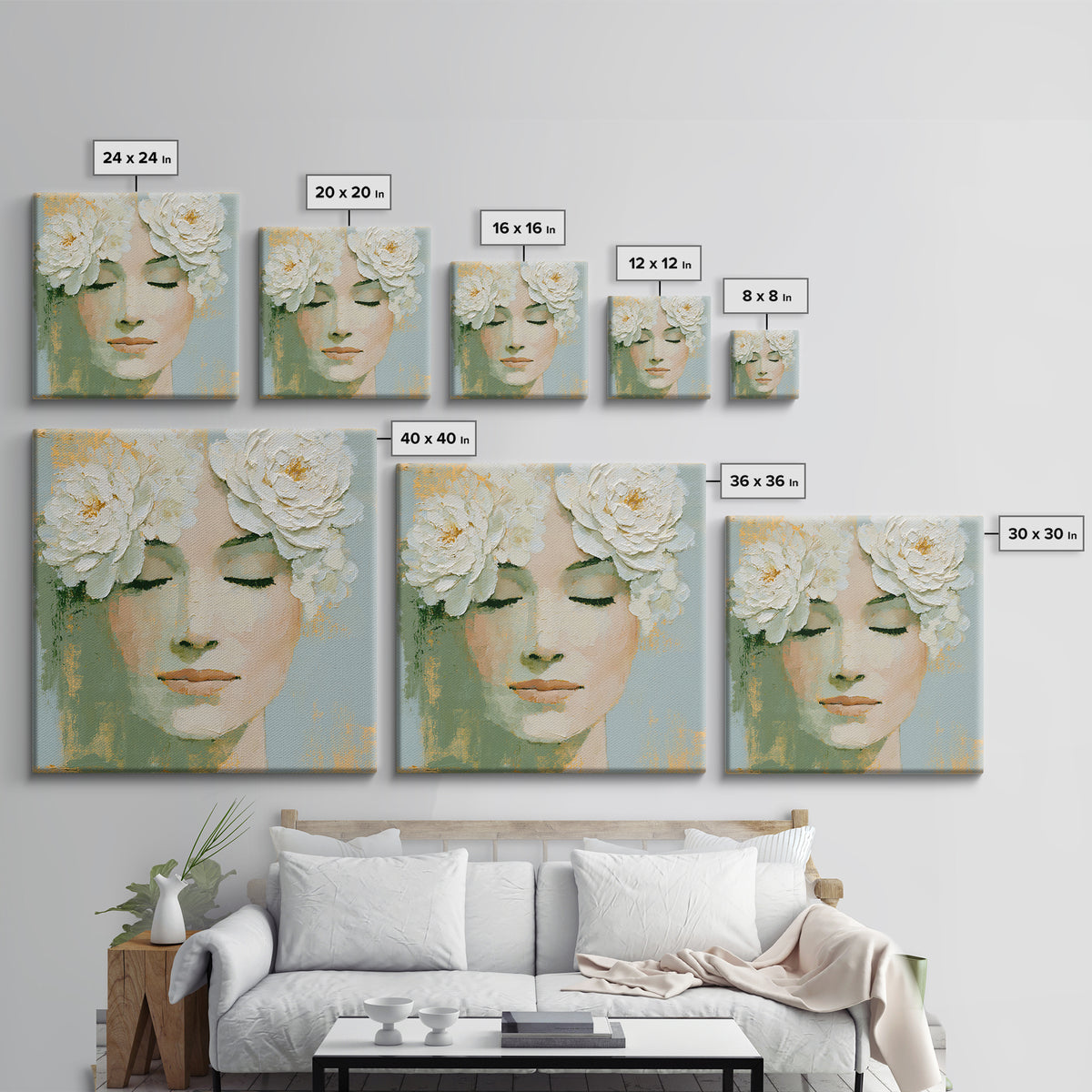 Minimal Face with Closed Eyes and Flowers Framed Canvas Print, Spa Art, Dog Groomer Gifts, Spa Decor, Fine Art, Serenity, SPA-1x1-43