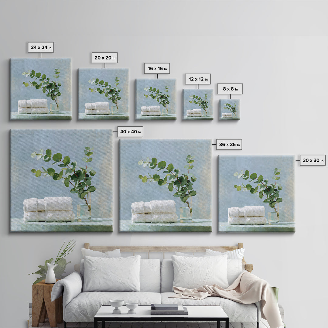 White Towels and Eucalyptus Without Room Context Framed Canvas Print, Spa Art, Wall Decor, Spa Decor, Fine Art, Serenity, SPA-1x1-48