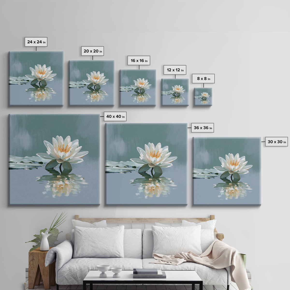Lotus Flower Floating on Still Pond Framed Canvas Print, Spa Art, Animal Art, Spa Decor, Watercolor Art, Serenity, SPA-1x1-52