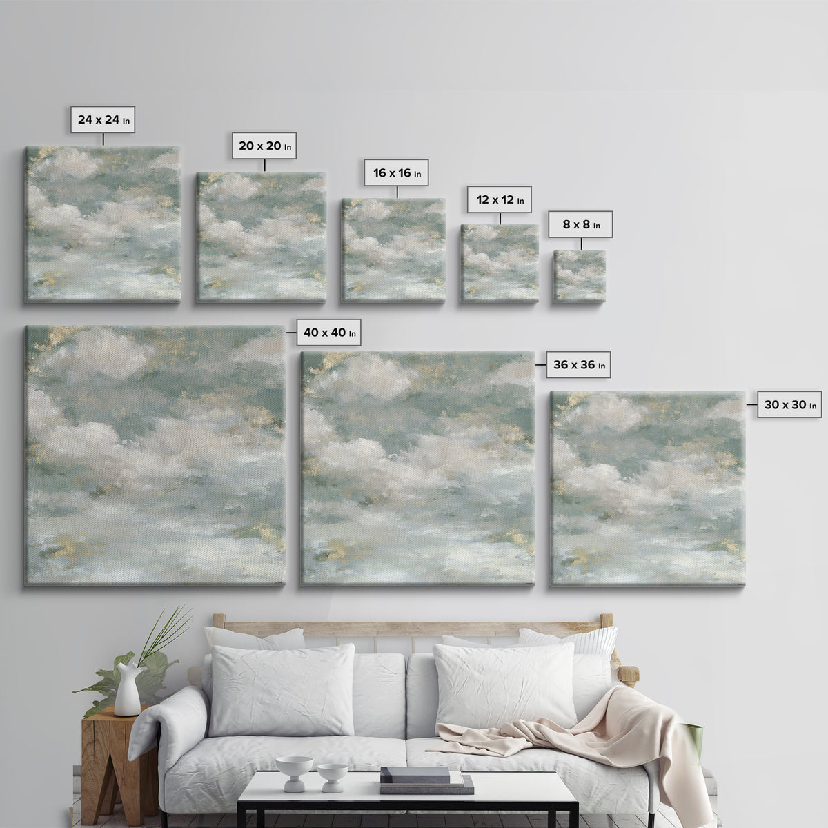 Soft Cloudscape in Cream and Sage Framed Canvas Print, Spa Art, Boho Decor, Spa Decor, Oil Painting, Serenity, Printable Art, SPA-1x1-61