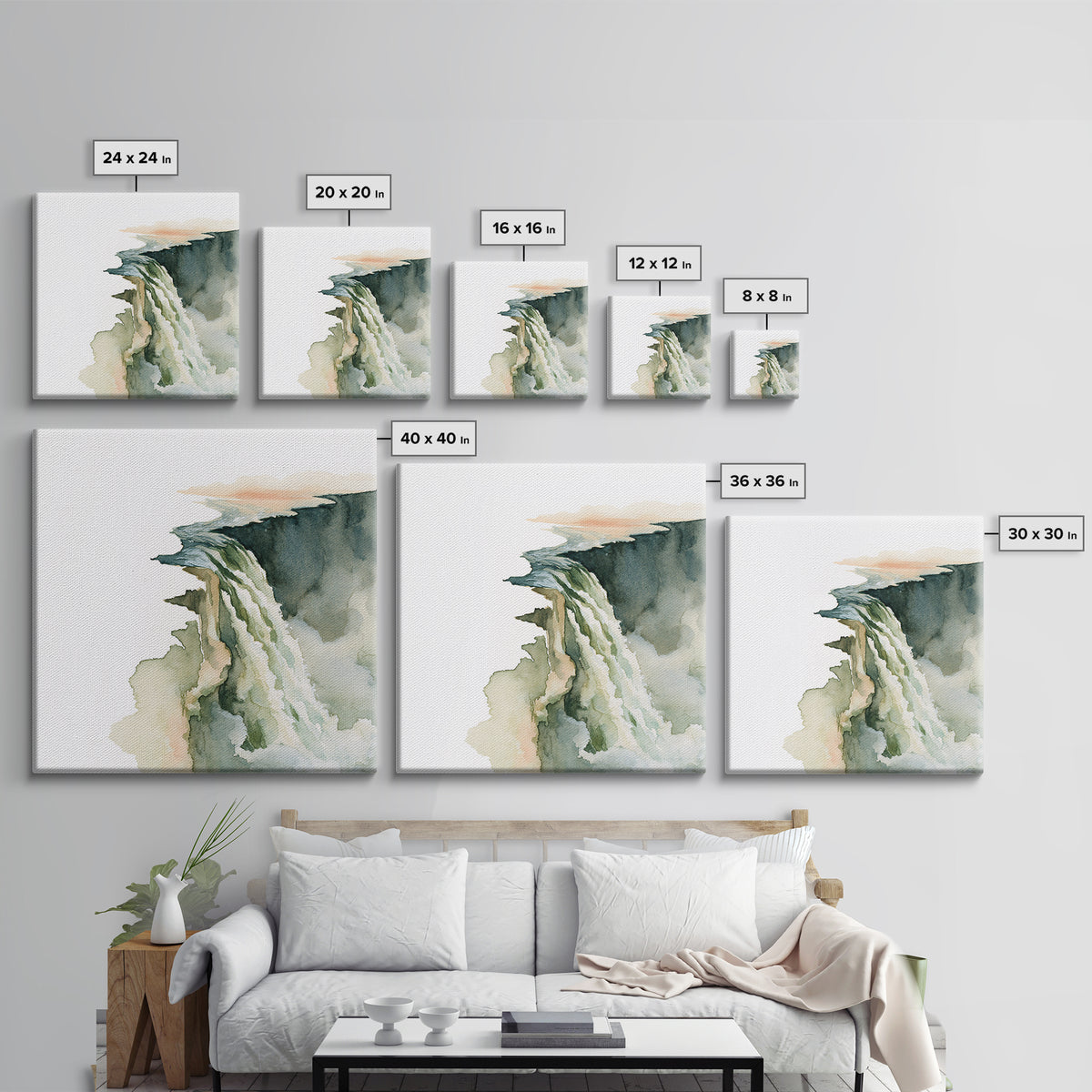 Serene Waterfall with Mist Framed Canvas Print, Spa Art, Dog Canvas, Spa Decor, Abstract Art, Serenity, Art Print, Room Decor, SPA-1x1-66