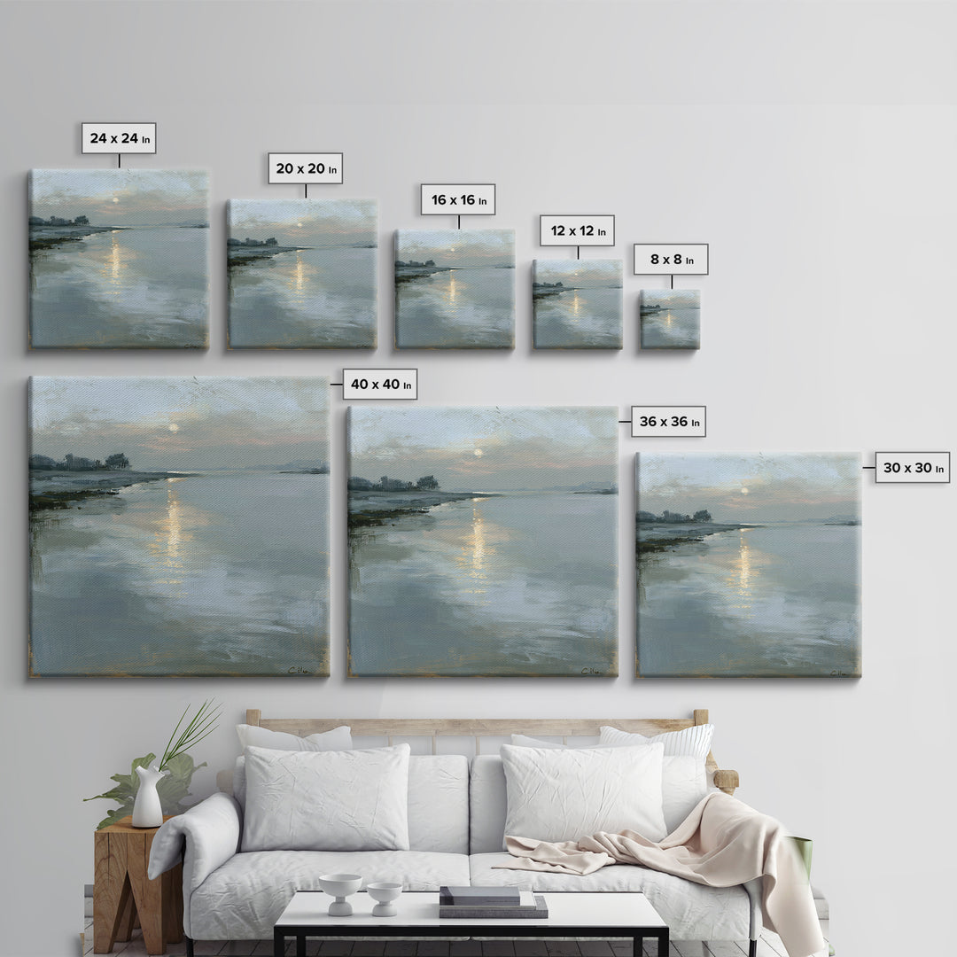 Moonlit Lake Reflection Framed Canvas Print, Spa Art, Tarot Card Art, Spa Decor, Fine Art, Serenity, Textured Painting, SPA-1x1-71