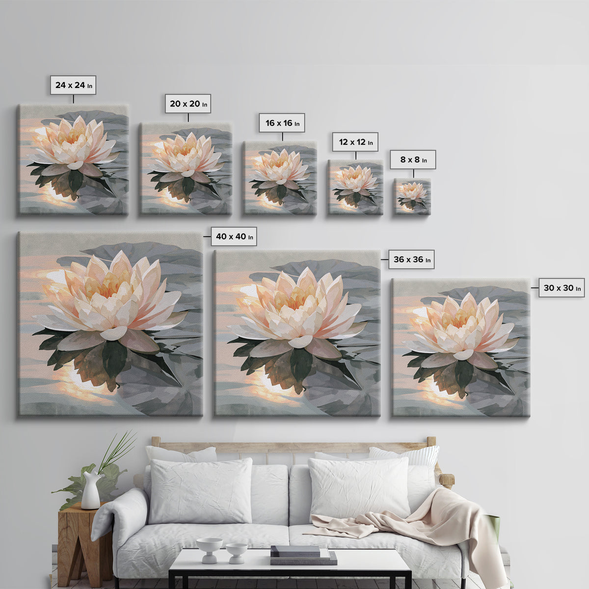 Lotus Flower Floating on Still Pond Canvas Print, Spa Art, Spa Wall Art, Spa Decor, Watercolor Art, Serenity, SPA-1x1-76