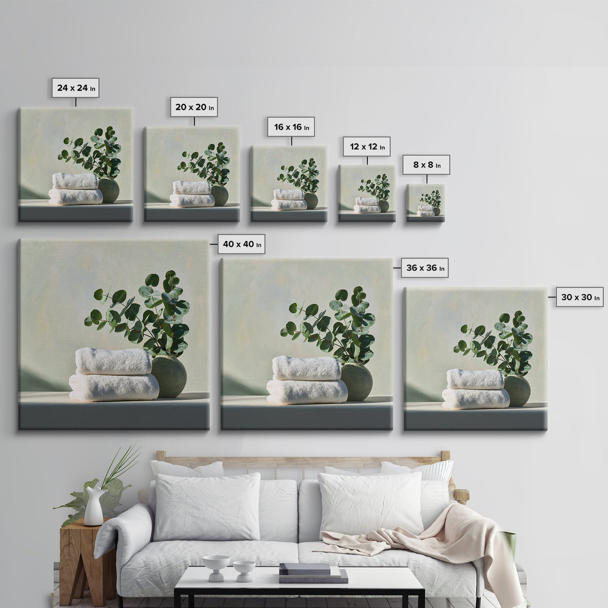 White Towels and Eucalyptus Without Room Context Framed Canvas Print, Spa Art, Wall Art Print, Spa Decor, Fine Art, Serenity, SPA-1x1-96