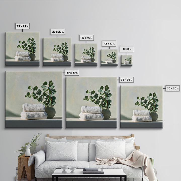 White Towels and Eucalyptus Without Room Context Framed Canvas Print, Spa Art, Wall Art Print, Spa Decor, Fine Art, Serenity, SPA-1x1-96