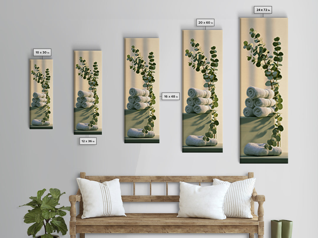 White Towels and Eucalyptus Without Room Context Canvas Print, Spa Art, Wall Art, Spa Decor, Oil Painting, Serenity, SPA-1x3-12