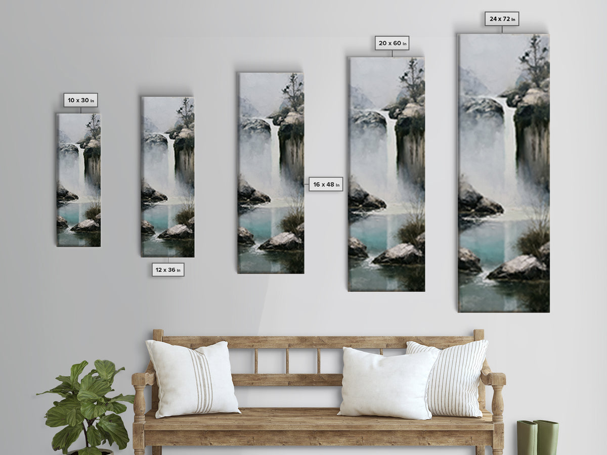 Serene Waterfall with Mist Framed Canvas Print, Spa Art, Hair Salon Wall Art, Spa Decor, Oil Painting, Serenity, SPA-1x3-30
